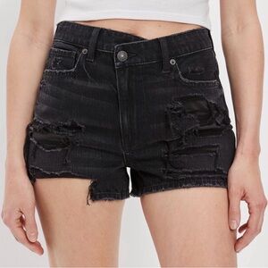NWT American Eagle Mom Shorts size 8 black denim with heavy distressing.